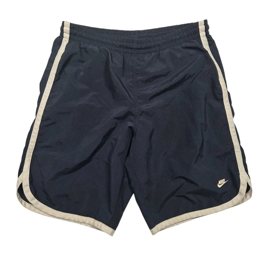 Vintage Nike Y2K Nylon Swim Shorts Mesh Lined Piping Blue Men L Shiny Baggy